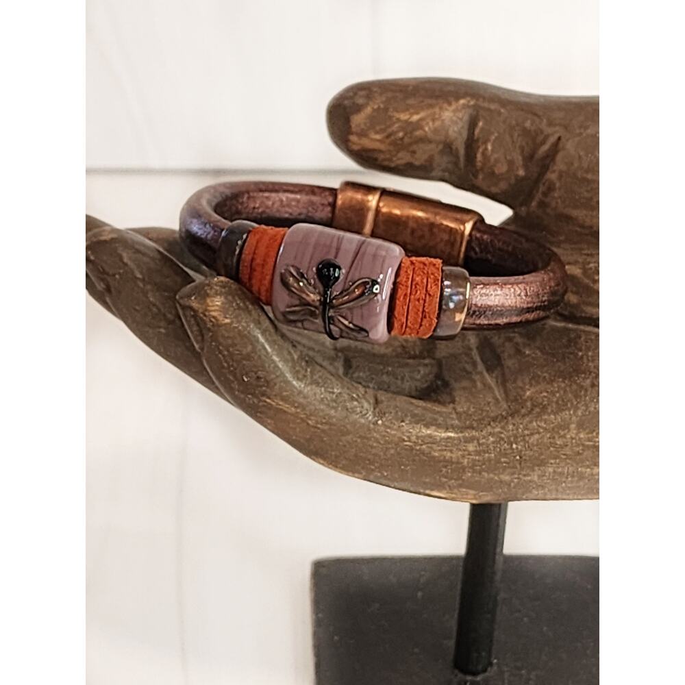 NEW Artisan Rose Gold Distressed Leather & Ceramic Dragonfly Bead Bangle